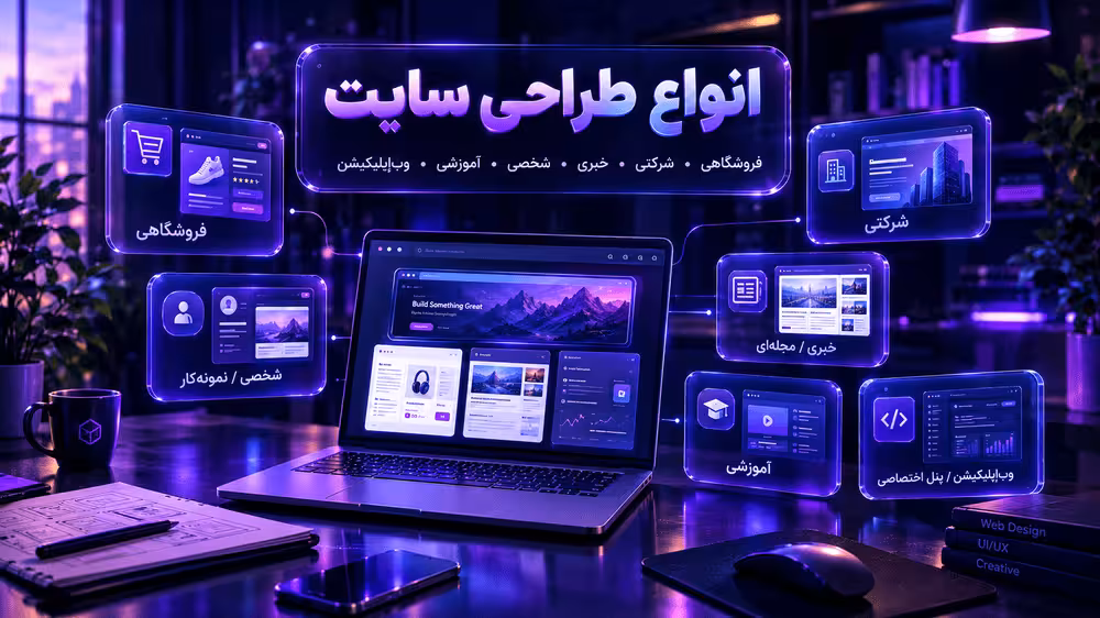 انواع مدل‌های طراحی وب‌سایت شامل فروشگاهی، شرکتی، خبری و آموزشی روی صفحه لپ‌تاپ